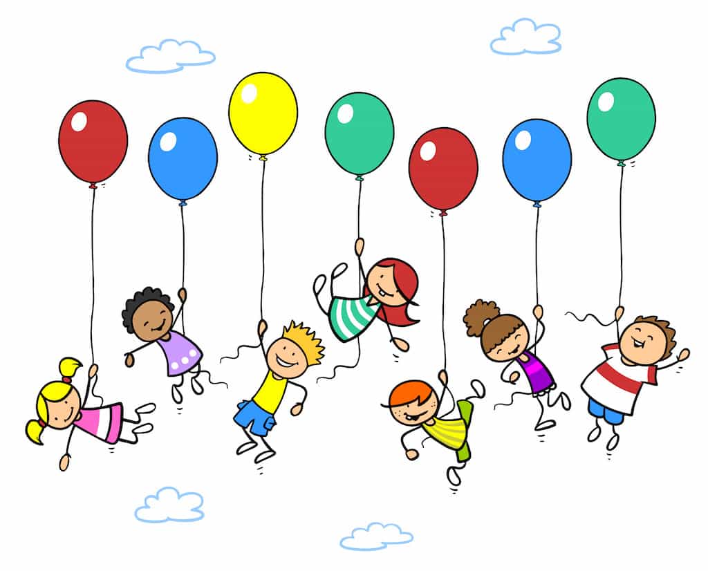 Viele glückliche Kinder fliegen mit Luftballons in den Himmel
